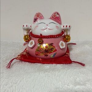 Ceramic Lucky Cat Figurine with Red and Pink Accents